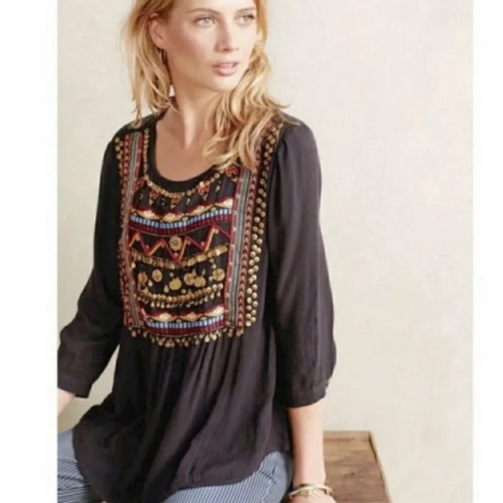 Anthropologie HD in Paris Ari peasant boho embellished blouse gauzy light 10